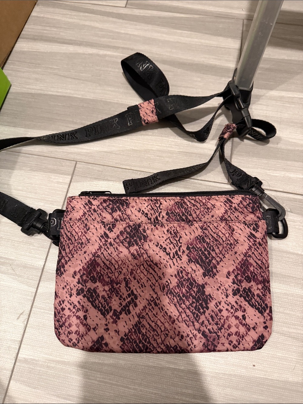PINK Victoria's Secret Pink Snake-Print Crossbody Bag with Black Strap